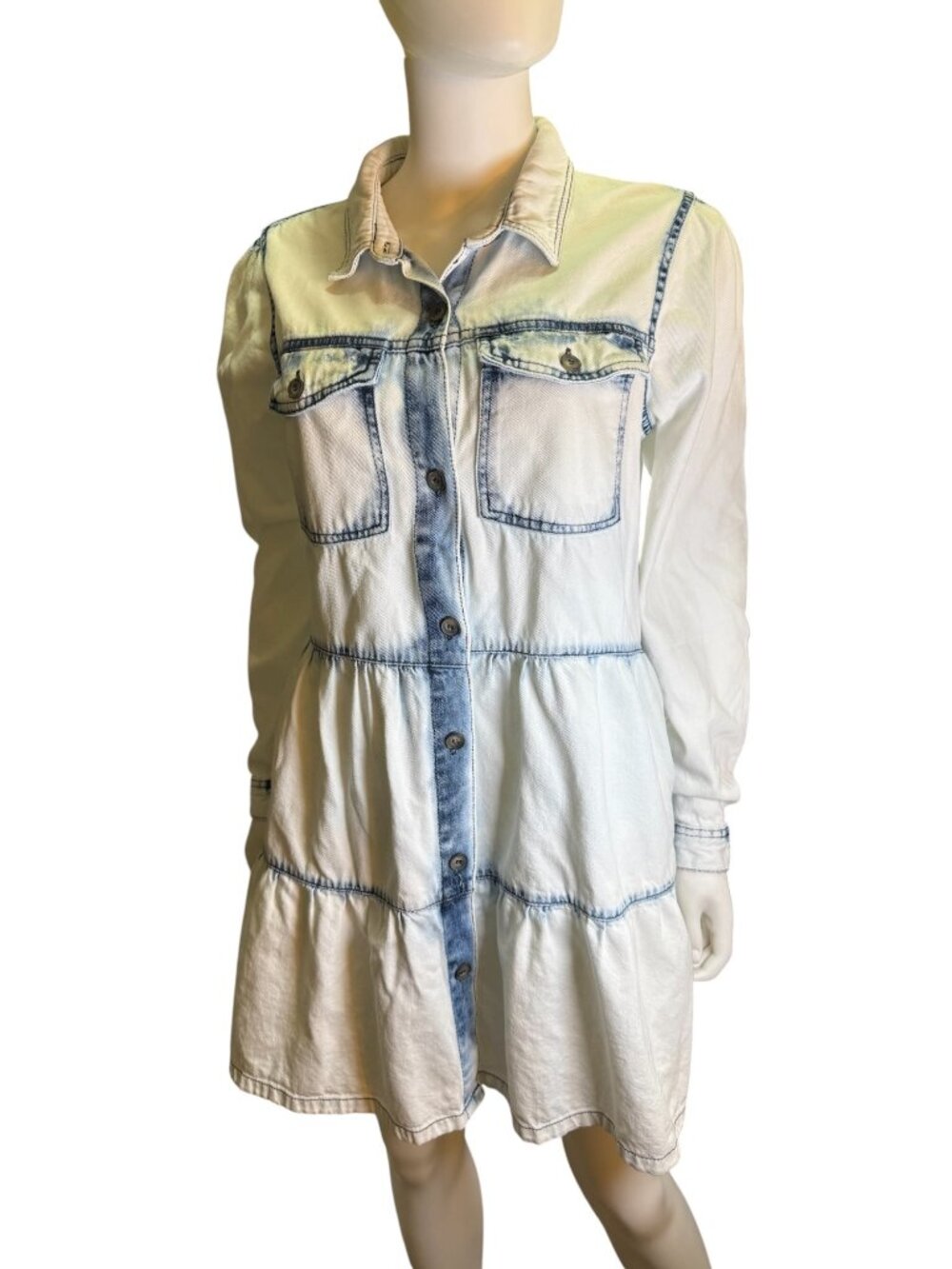 Free People Denim Tiered Babydoll Dress Size Large Button Front 100% Cotton EUC